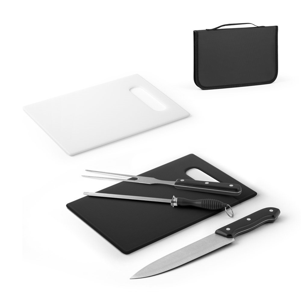 Kit churrasco em estojo em 210D com peças em aço inox e PP personalizado com a logo da empresa