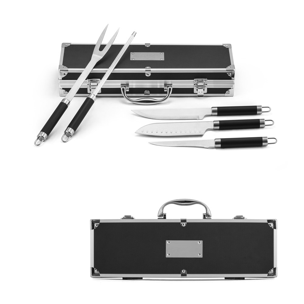 Kit churrasco com 5 utensílios em estojo de alumínio personalizado com a logo da empresa