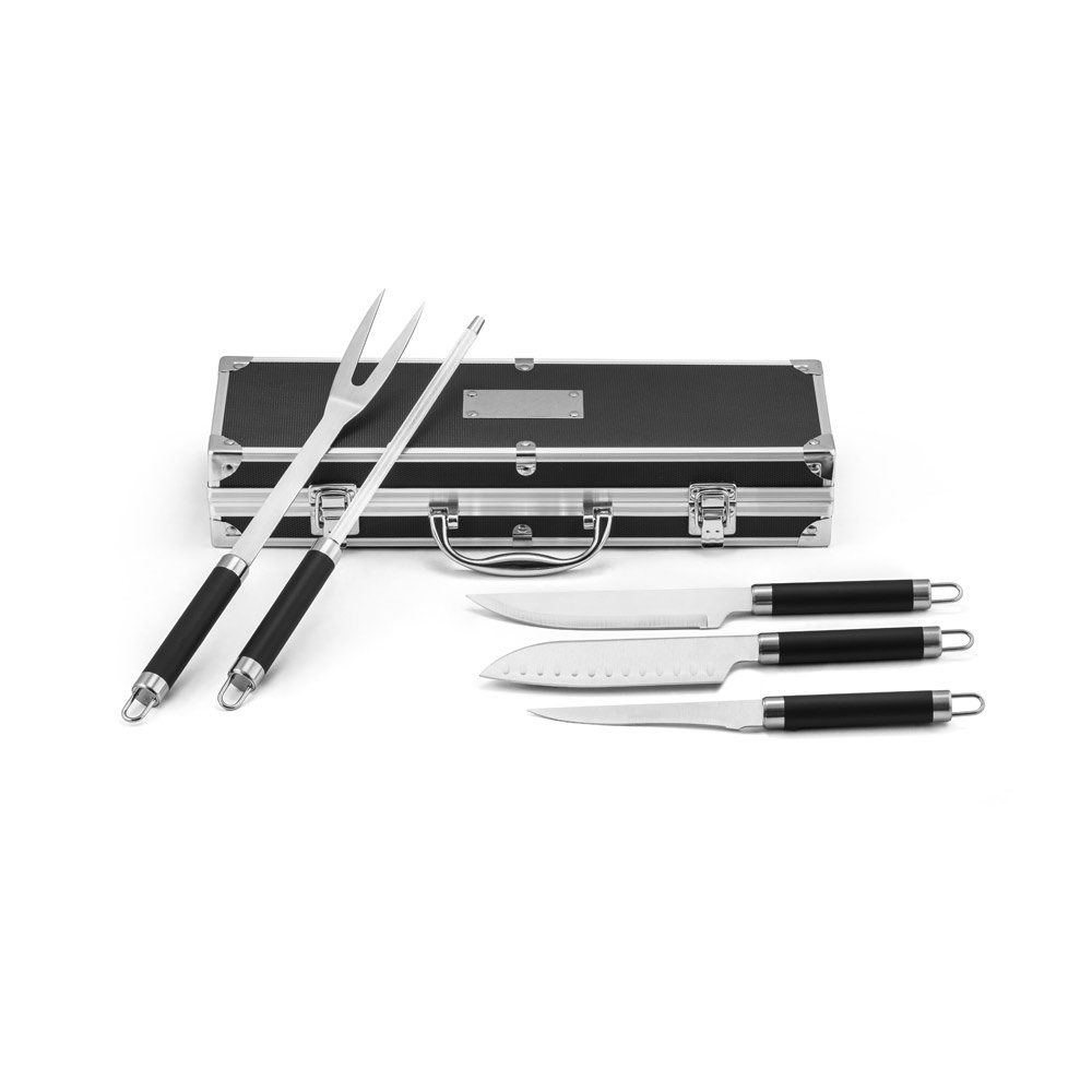 Kit churrasco com 5 utensílios em estojo de alumínio na cor Preto, personalizado com a logo da empresa