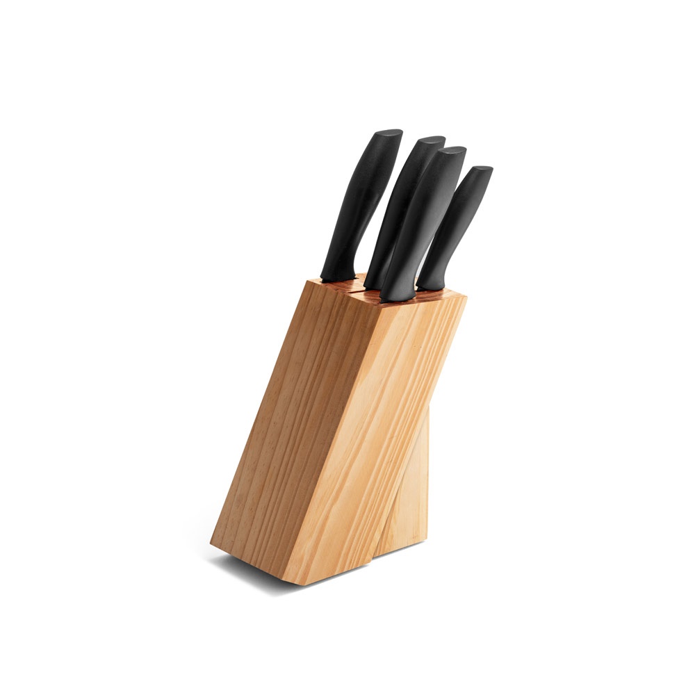 Suporte para facas em madeira de pinho na cor Natural, personalizado com a logo da empresa