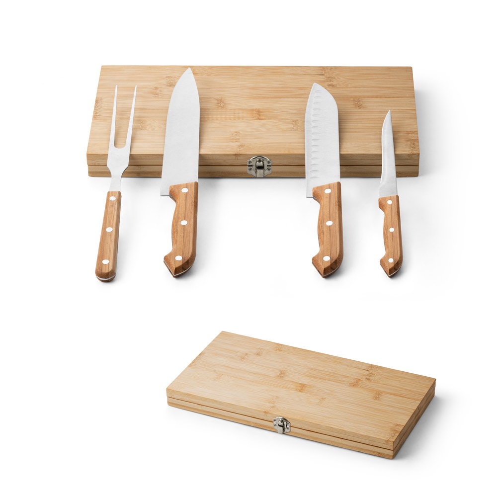 Kit churrasco em caixa de bambu com 3 facas e garfo em aço inox personalizado com a logo da empresa