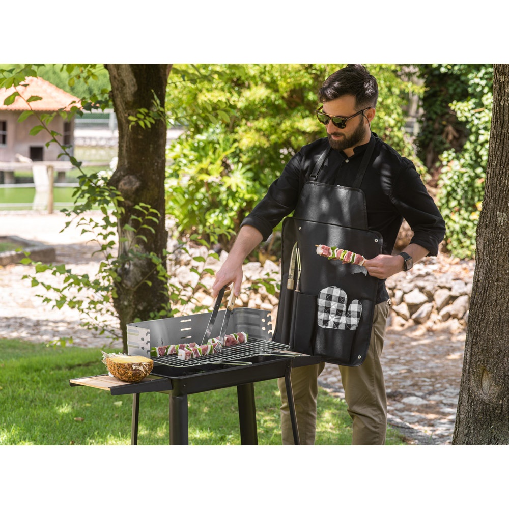 Kit churrasco com 3 utensílios, luva e estojo que vira avental personalizado com a logo da empresa