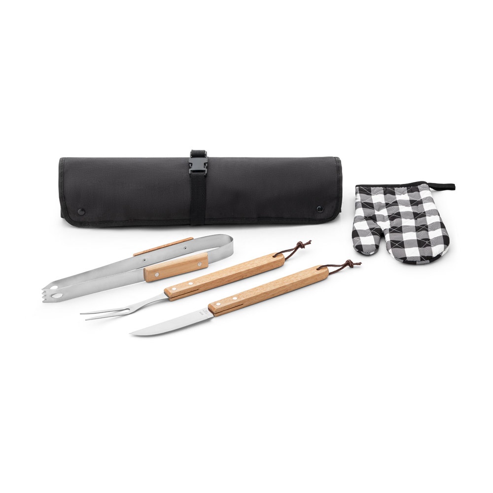 Kit churrasco com 3 utensílios, luva e estojo que vira avental na cor Preto, personalizado com a logo da empresa