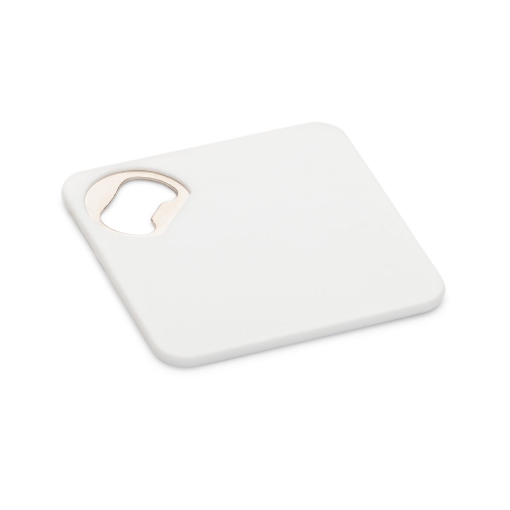 Porta copos em ABS com abridor de garrafas na cor Branco, personalizado com a logo da empresa