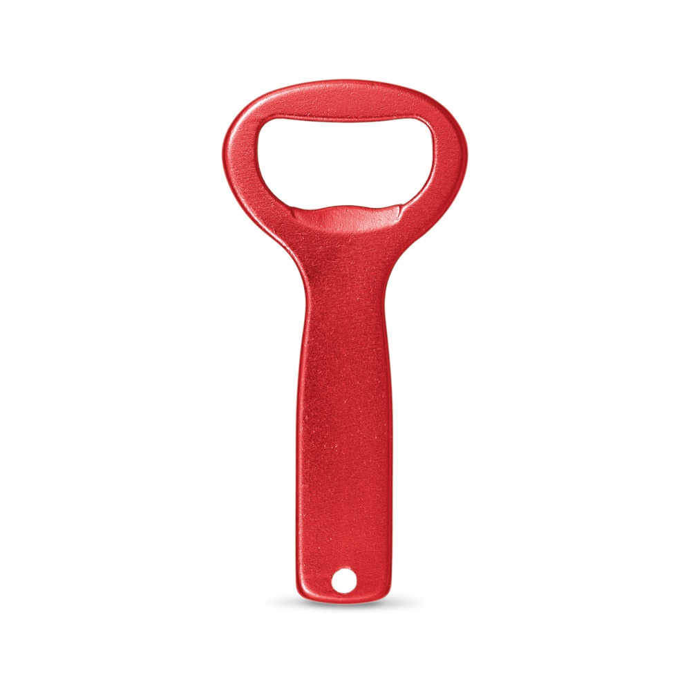 Abridor de garrafas em alumínio personalizado com a logo da empresa, na cor vermelho