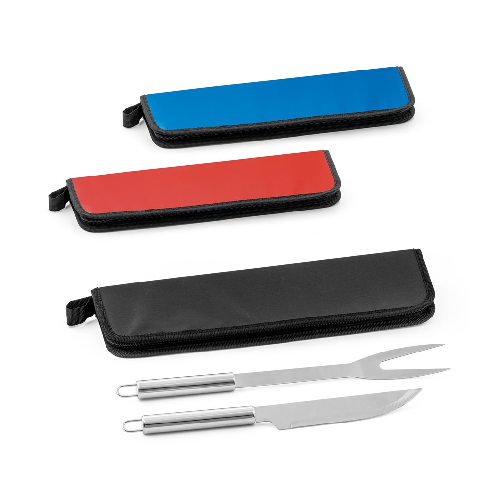 Kit churrasco em estojo de 210D com 2 utensílios em aço inox personalizado com a logo da empresa
