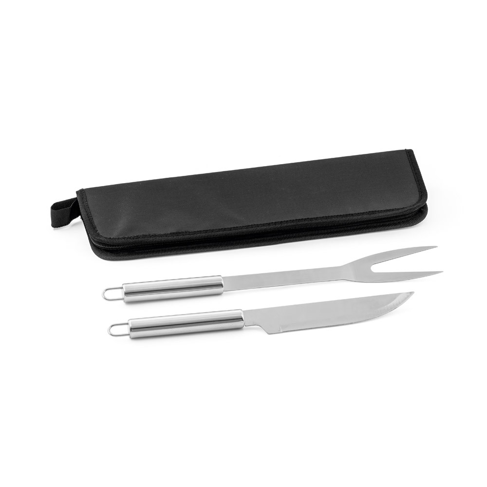Kit churrasco em estojo de 210D com 2 utensílios em aço inox na cor Preto, personalizado com a logo da empresa