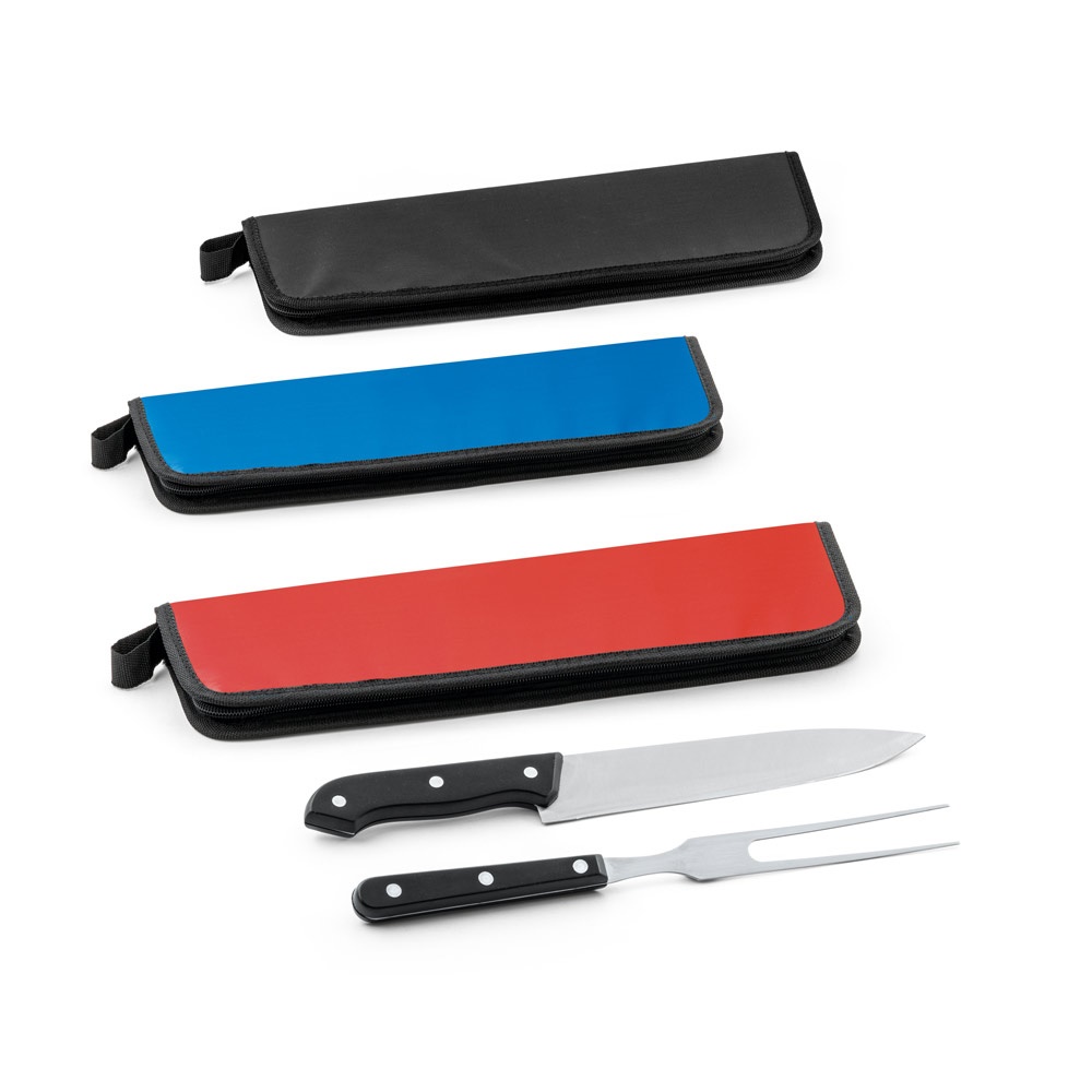 Kit churrasco em estojo de 210D com 2 utensílios em aço inox e PP personalizado com a logo da empresa