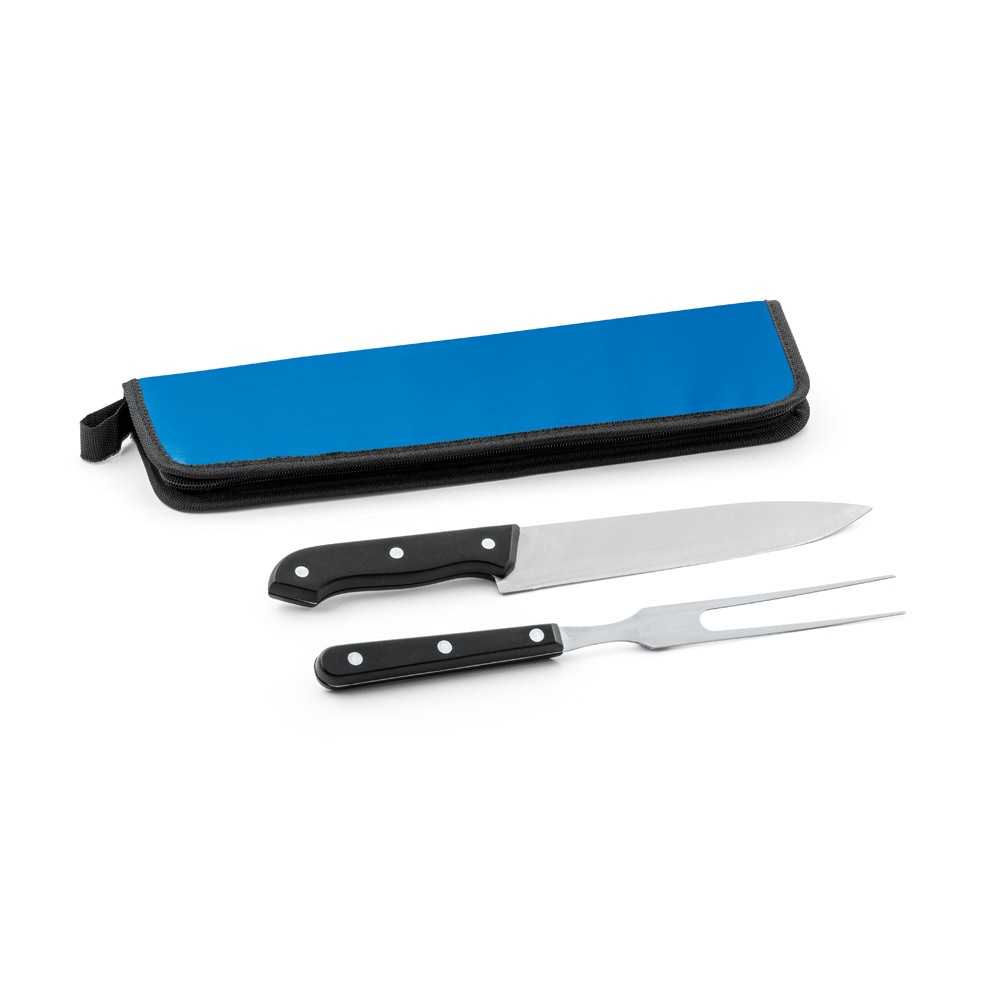 Kit churrasco em estojo de 210D com 2 utensílios em aço inox e PP na cor Azul, personalizado com a logo da empresa