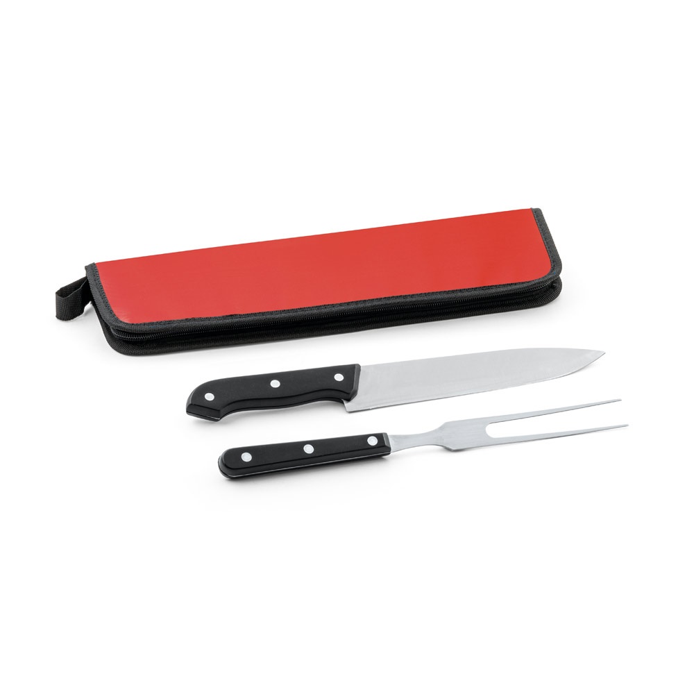 Kit churrasco em estojo de 210D com 2 utensílios em aço inox e PP