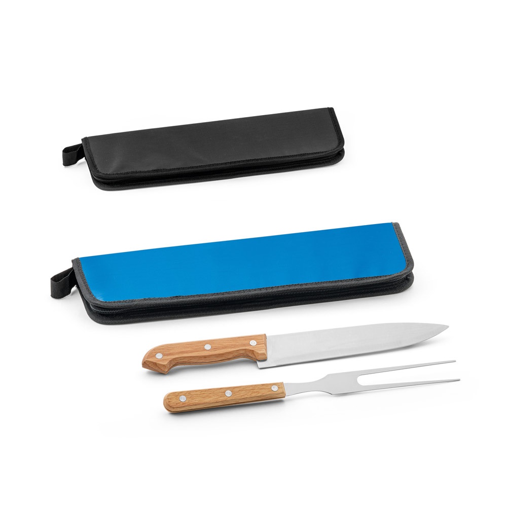 Kit churrasco com faca chefe e garfo em estojo 210D personalizado com a logo da empresa