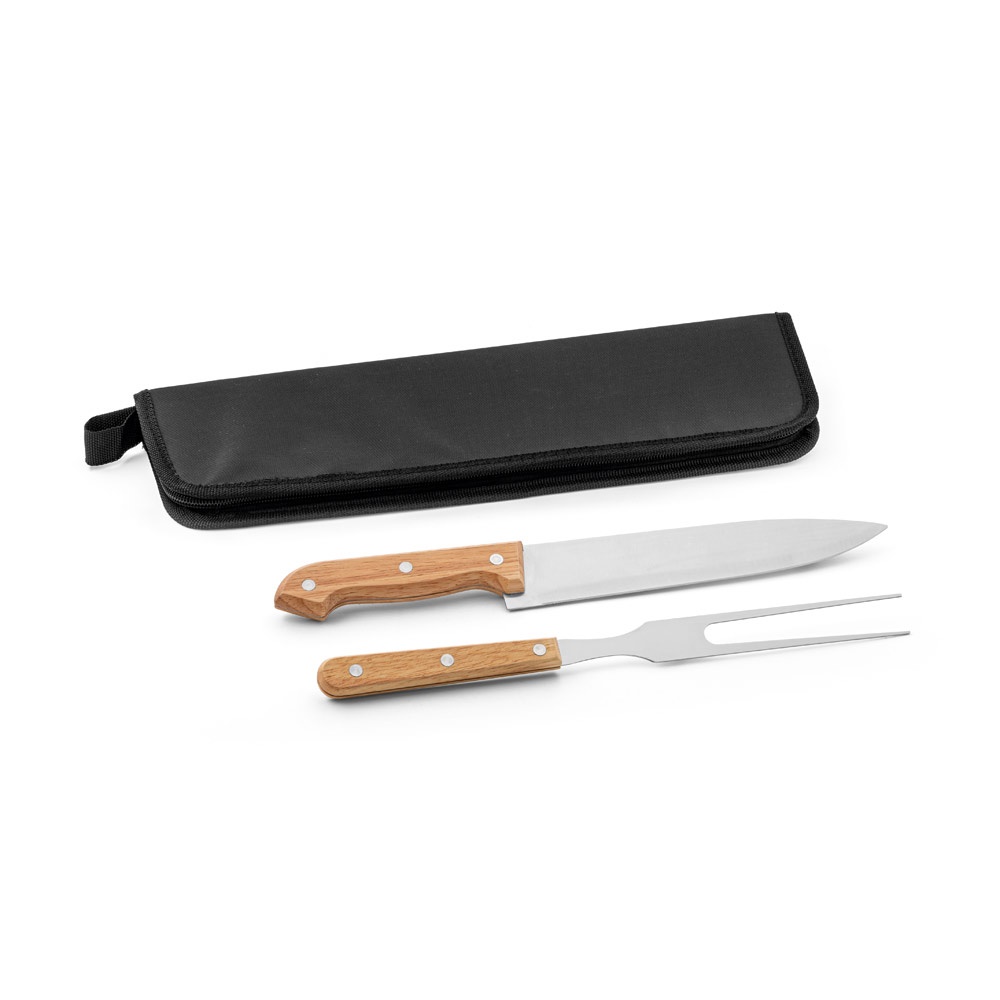 Kit churrasco com faca chefe e garfo em estojo 210D na cor Preto, personalizado com a logo da empresa