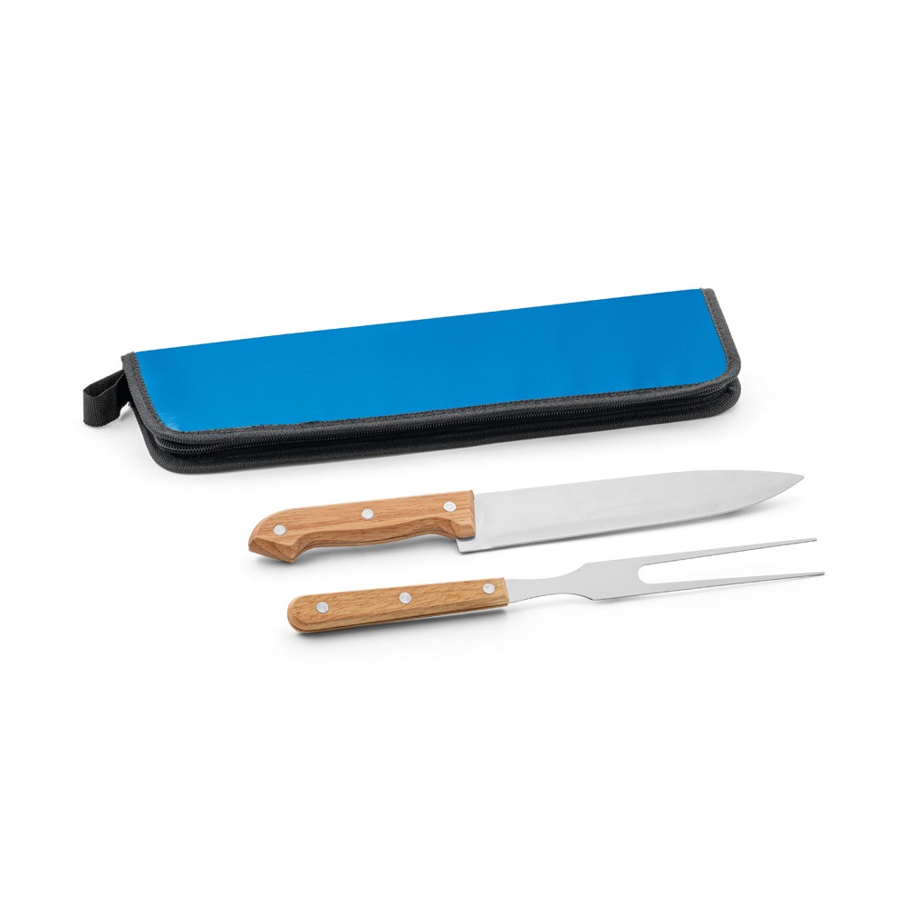Kit churrasco com faca chefe e garfo em estojo 210D personalizado com a logo da empresa, na cor azul
