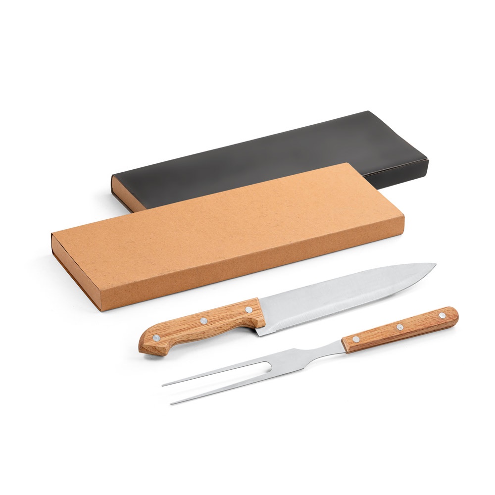 Kit churrasco em caixa kraft com 2 utensílios em aço inox e bambu personalizado com a logo da empresa