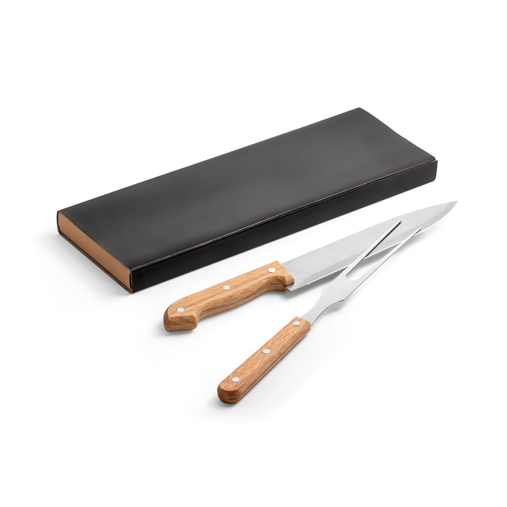Kit churrasco em caixa kraft com 2 utensílios em aço inox e bambu na cor Preto, personalizado com a logo da empresa