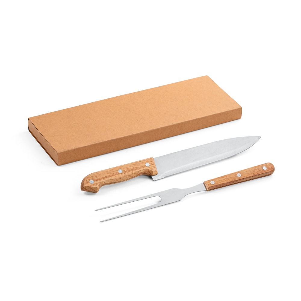 Kit churrasco em caixa kraft com 2 utensílios em aço inox e bambu