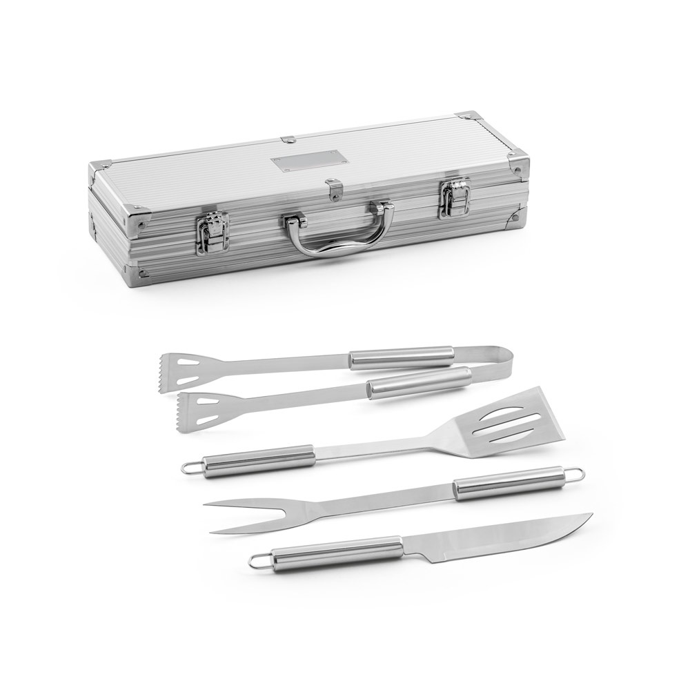 Kit churrasco em estojo de alumínio com 4 utensílios em aço inox personalizado com a logo da empresa