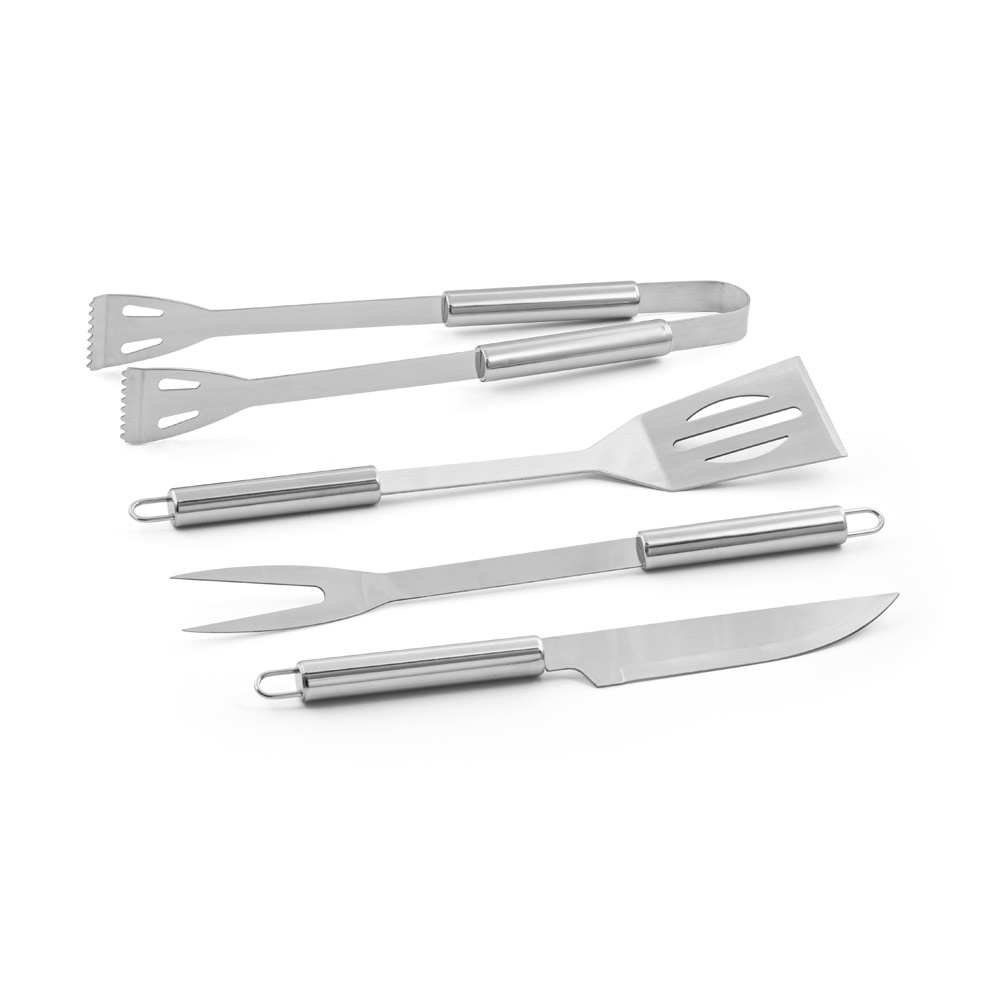 Kit churrasco em estojo de alumínio com 4 utensílios em aço inox na cor Cromado satinado, personalizado com a logo da empresa