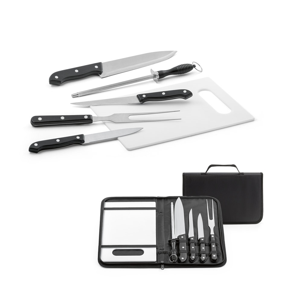 Kit churrasco com tábua em PP e 5 utensílios em estojo de nylon personalizado com a logo da empresa