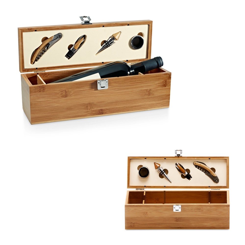 Conjunto para vinho em bambu, inox e ABS personalizado com a logo da empresa