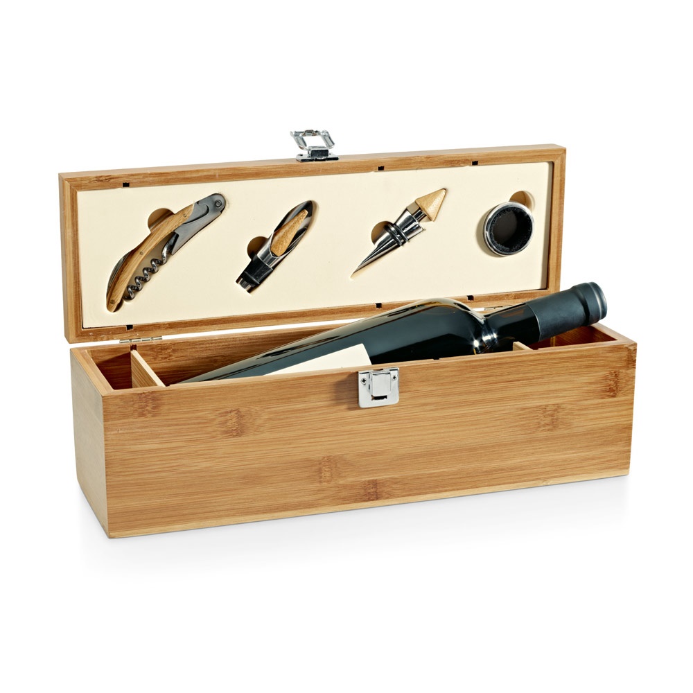 Conjunto para vinho em bambu, inox e ABS na cor Natural, personalizado com a logo da empresa