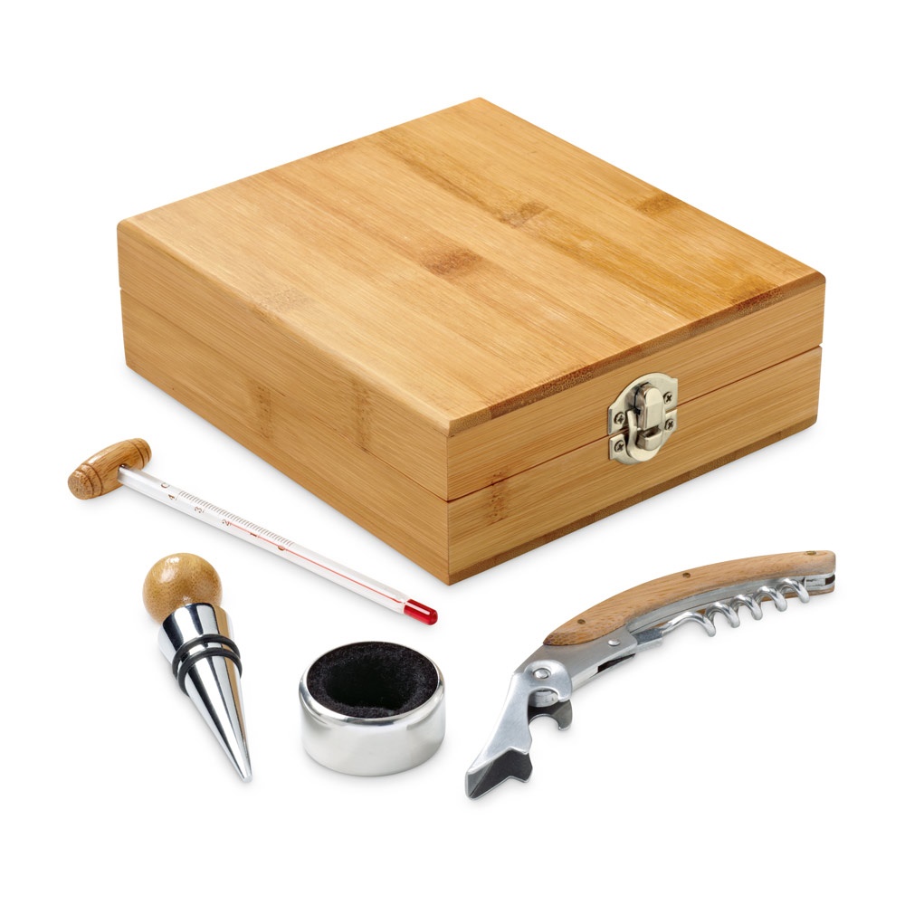 Conjunto para vinho em bambu, inox, vidro e ABS personalizado com a logo da empresa
