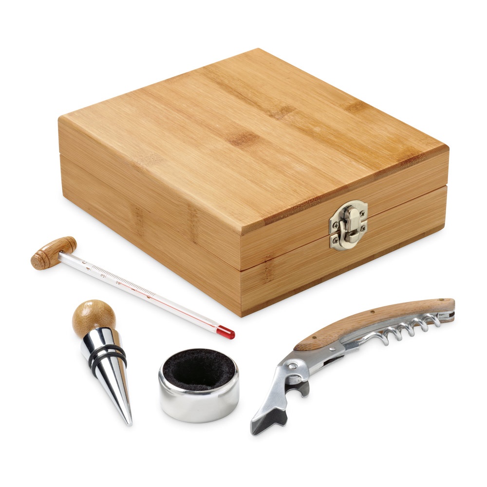 Conjunto para vinho em bambu, inox, vidro e ABS na cor Natural, personalizado com a logo da empresa