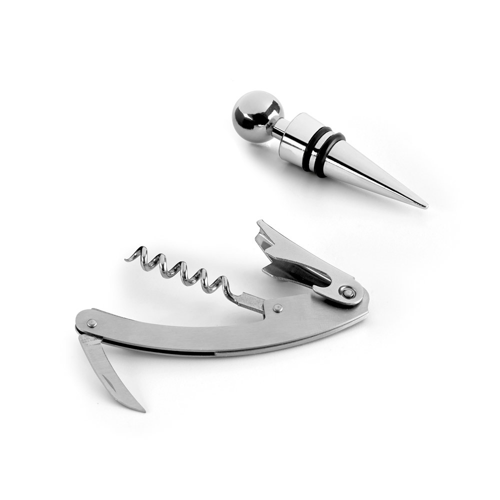 Conjunto para vinho em zinco e inox na cor Cromado satinado, personalizado com a logo da empresa