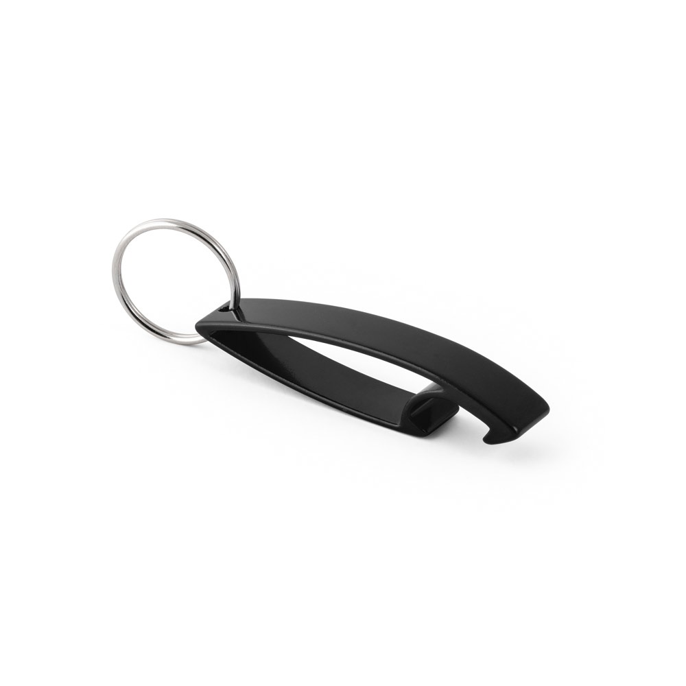 Chaveiro em alumínio com abridor de garrafas curvo na cor Preto, personalizado com a logo da empresa