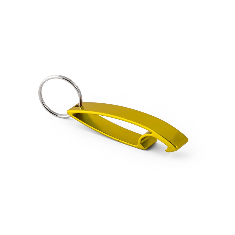 Chaveiro em alumínio com abridor de garrafas curvo personalizado com a logo da empresa, na cor amarelo