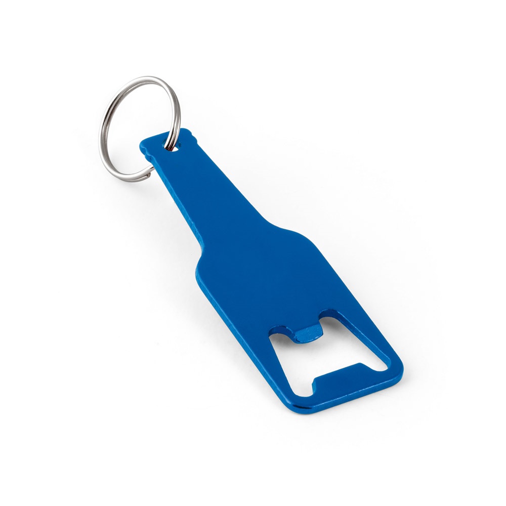 Chaveiro em alumínio com abridor em formato de garrafa personalizado com a logo da empresa, na cor azul royal