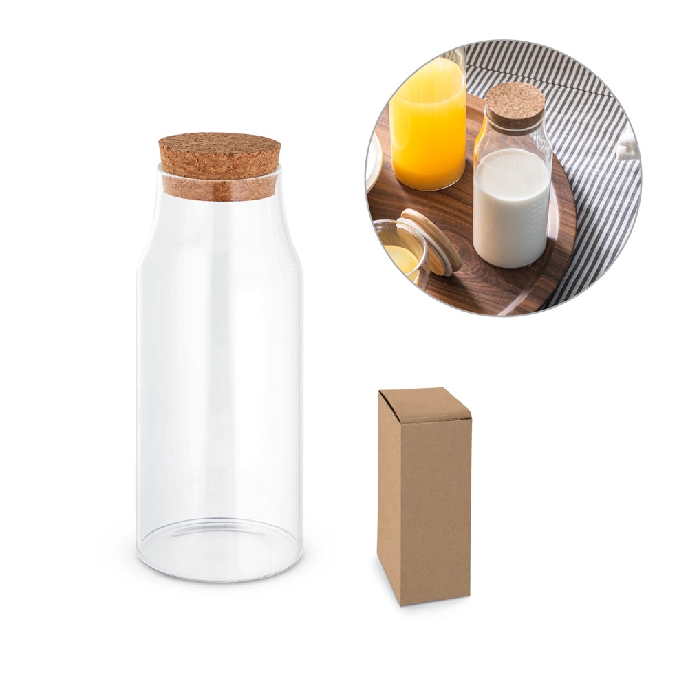 Garrafa em vidro borosilicato com tampa de cortiça 800 ml personalizada com a logo da empresa