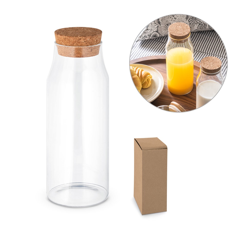 Garrafa em vidro borosilicato com tampa em cortiça 1 litro personalizada com a logo da empresa