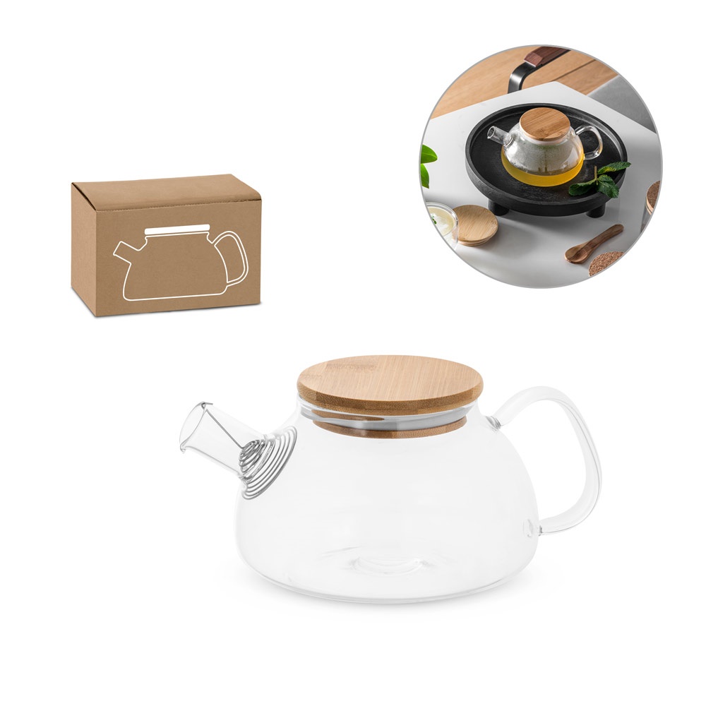Bule em vidro borossilicato com infusor em aço inox (750 ml) personalizado com a logo da empresa