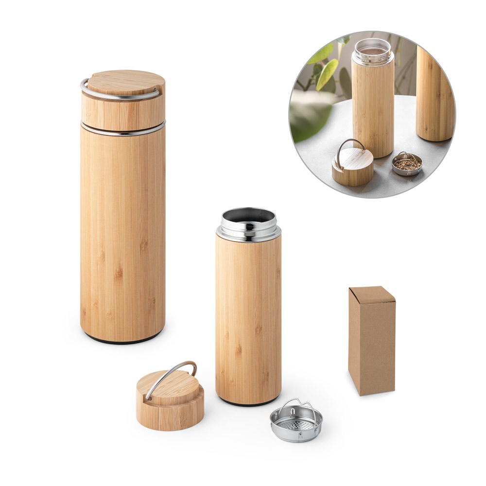 Garrafa térmica em aço inox e bambu 440 ml com infusor e alça personalizada com a logo da empresa