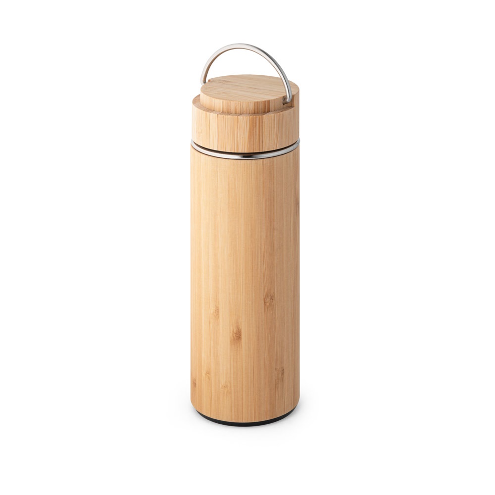 Garrafa térmica em aço inox e bambu 440 ml com infusor e alça na cor Natural, personalizada com a logo da empresa