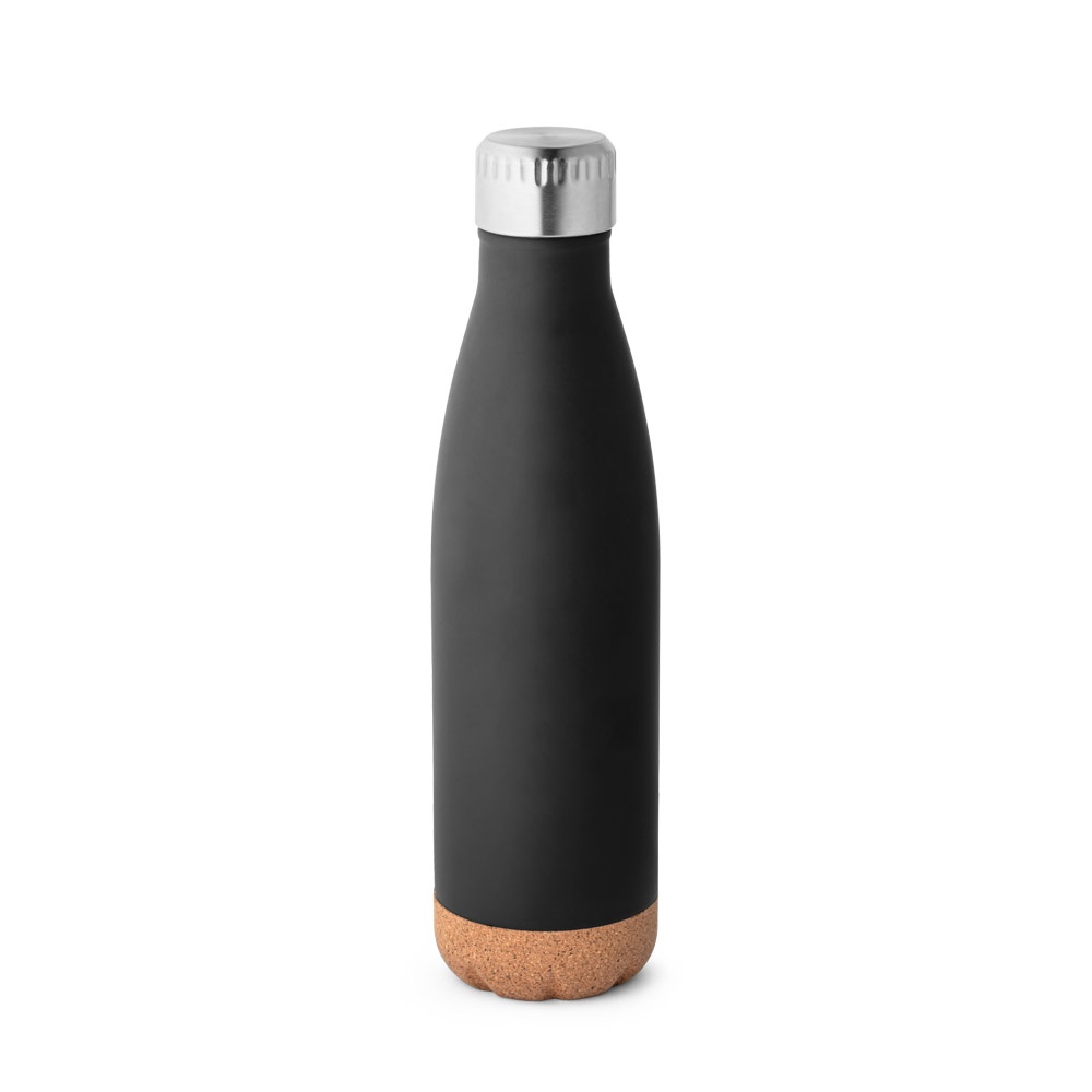 Garrafa térmica em aço inox de parede dupla isolada a vácuo (560 ml) na cor Preto, personalizada com a logo da empresa