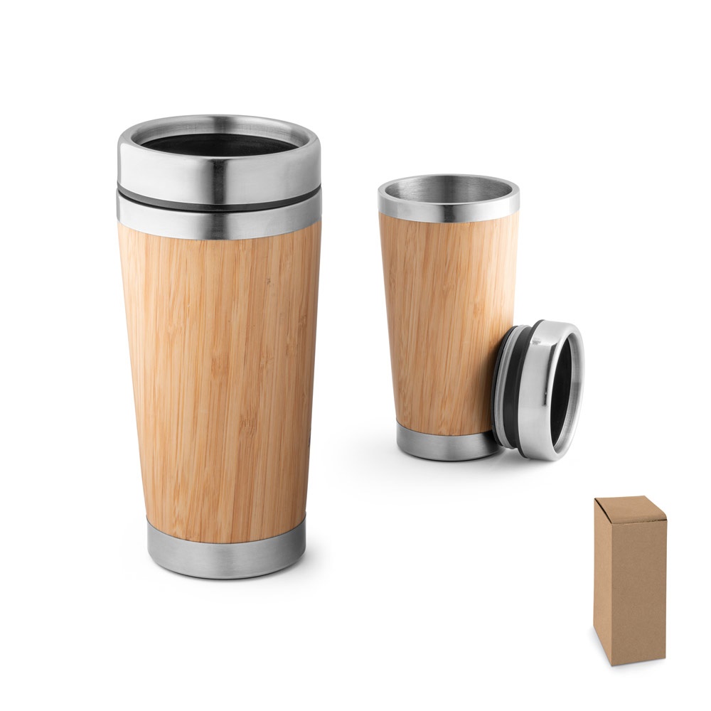 Copo de viagem térmico em aço inox e bambu 500 ml personalizado com a logo da empresa