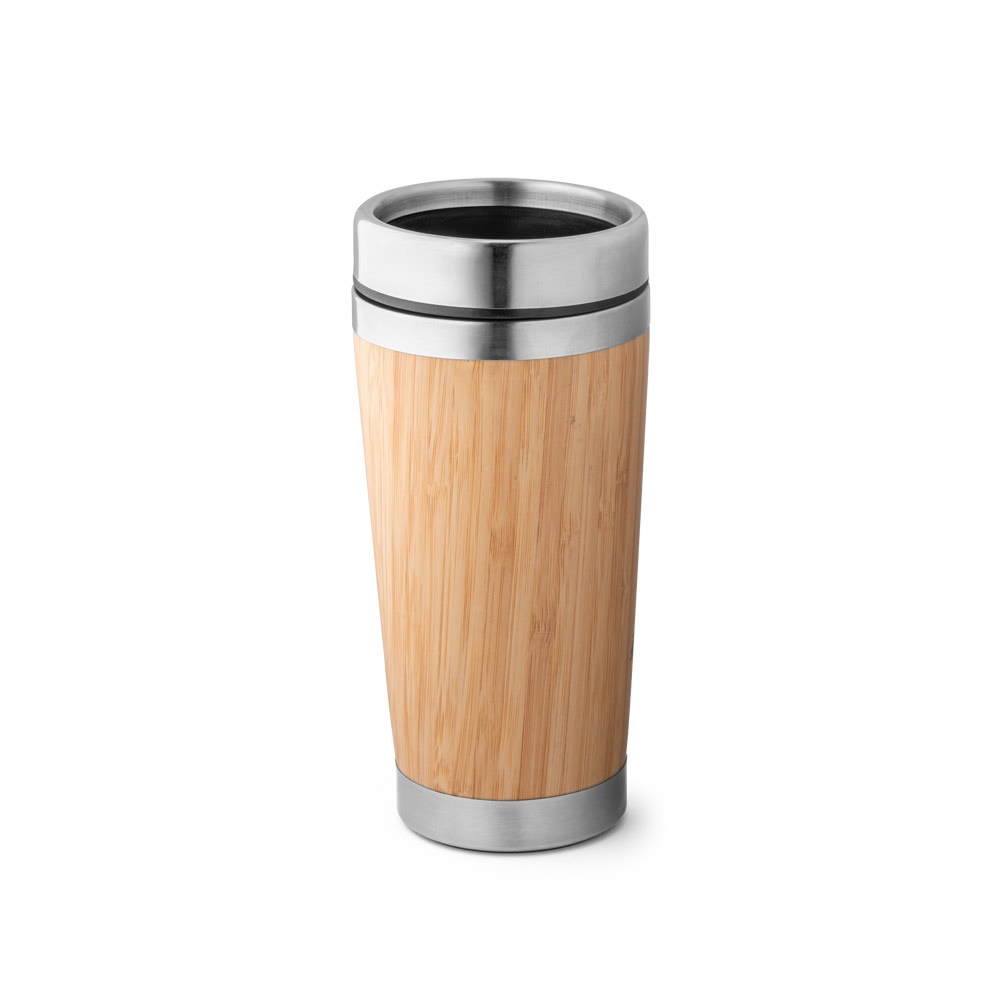 Copo de viagem térmico em aço inox e bambu 500 ml na cor Natural, personalizado com a logo da empresa