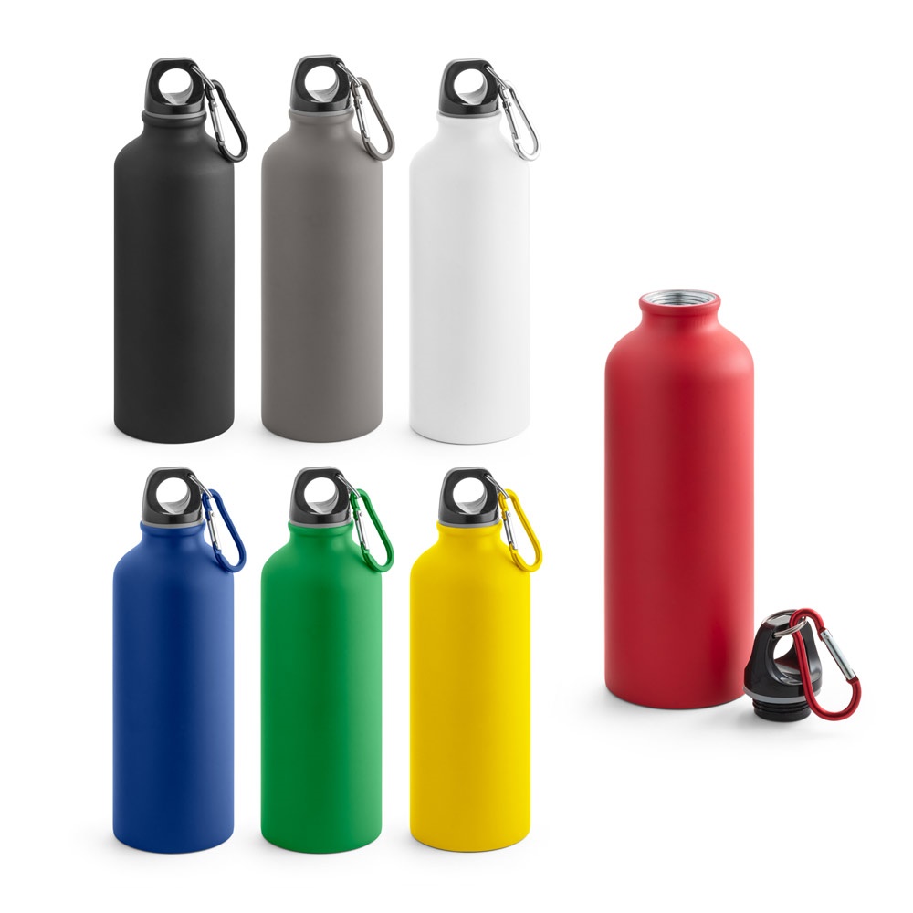 Squeeze em alumínio com acabamento mate (540 ml) e mosquetão personalizado com a logo da empresa