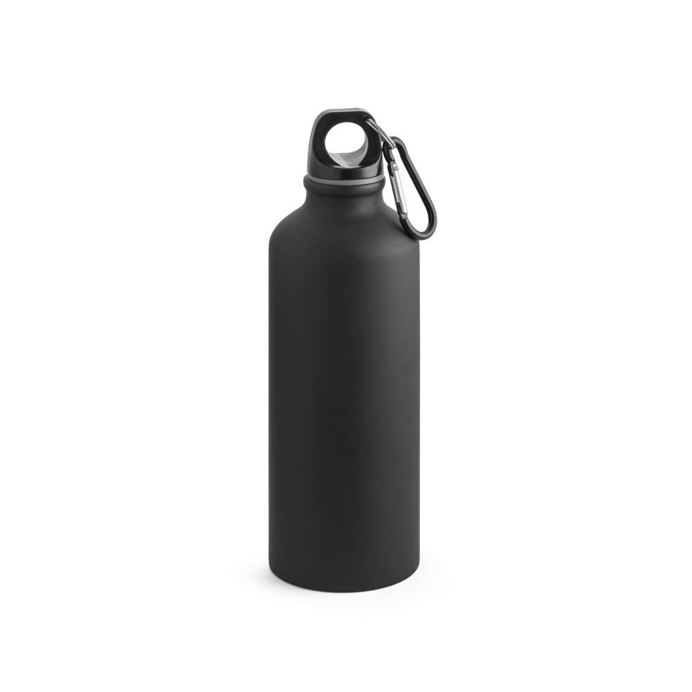 Squeeze em alumínio com acabamento mate (540 ml) e mosquetão na cor Preto, personalizado com a logo da empresa