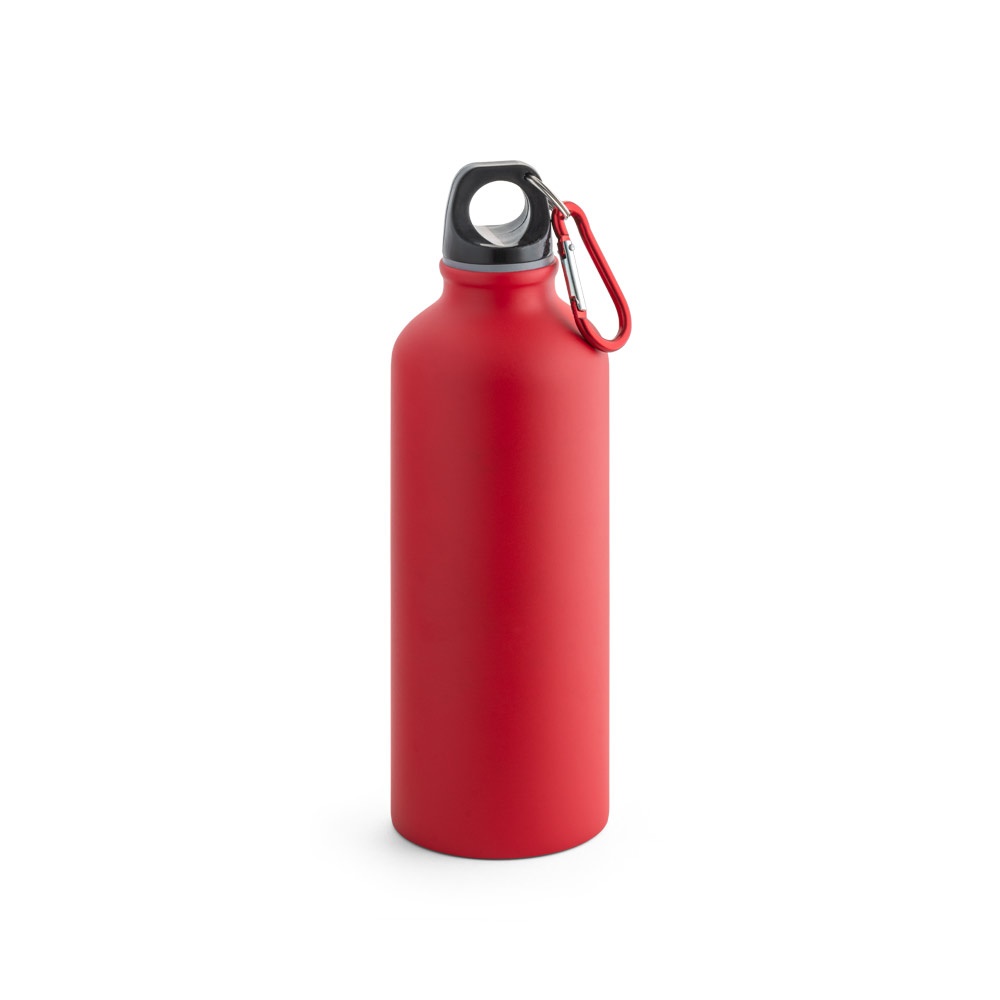 Squeeze em alumínio com acabamento mate (540 ml) e mosquetão personalizado com a logo da empresa, na cor vermelho