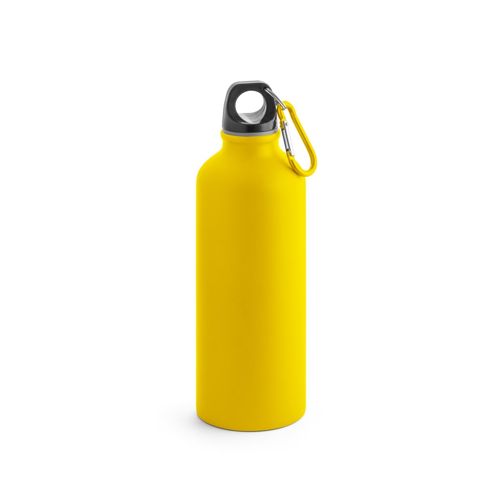 Squeeze em alumínio com acabamento mate (540 ml) e mosquetão personalizado com a logo da empresa, na cor amarelo