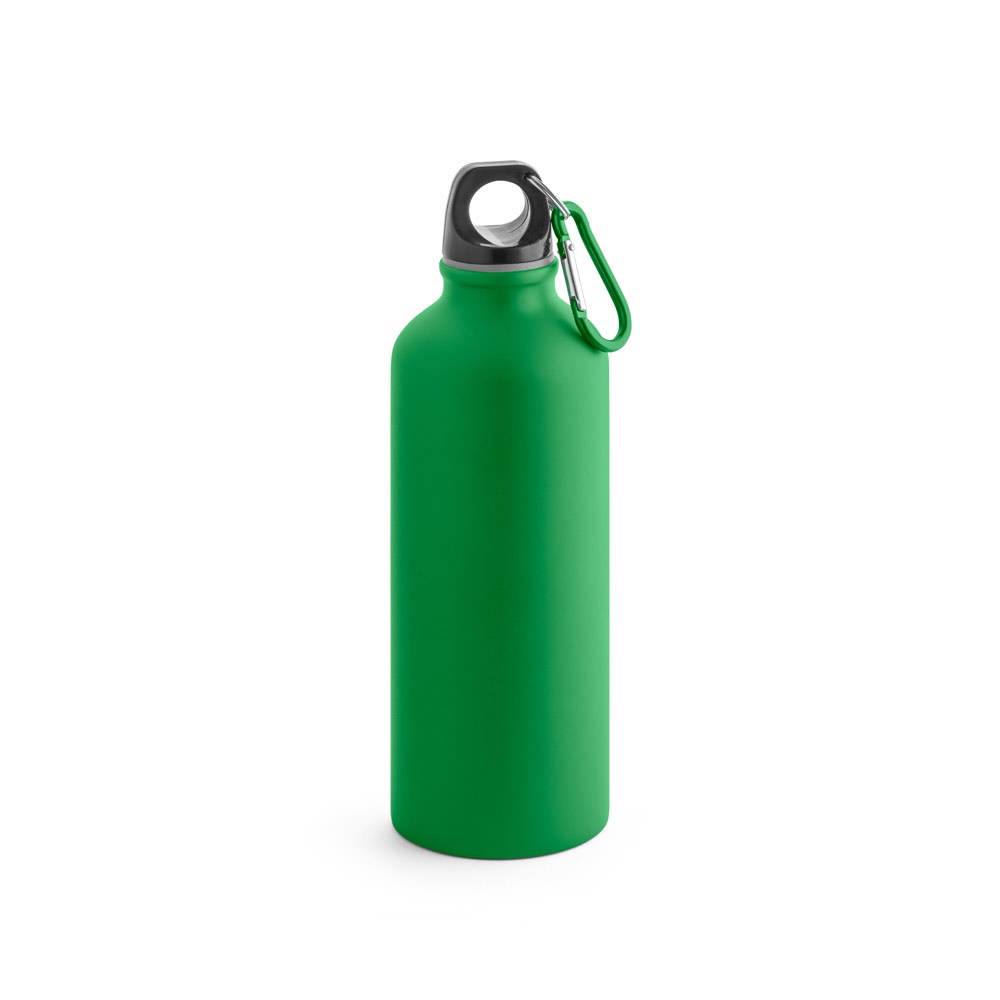Squeeze em alumínio com acabamento mate (540 ml) e mosquetão personalizado com a logo da empresa, na cor verde