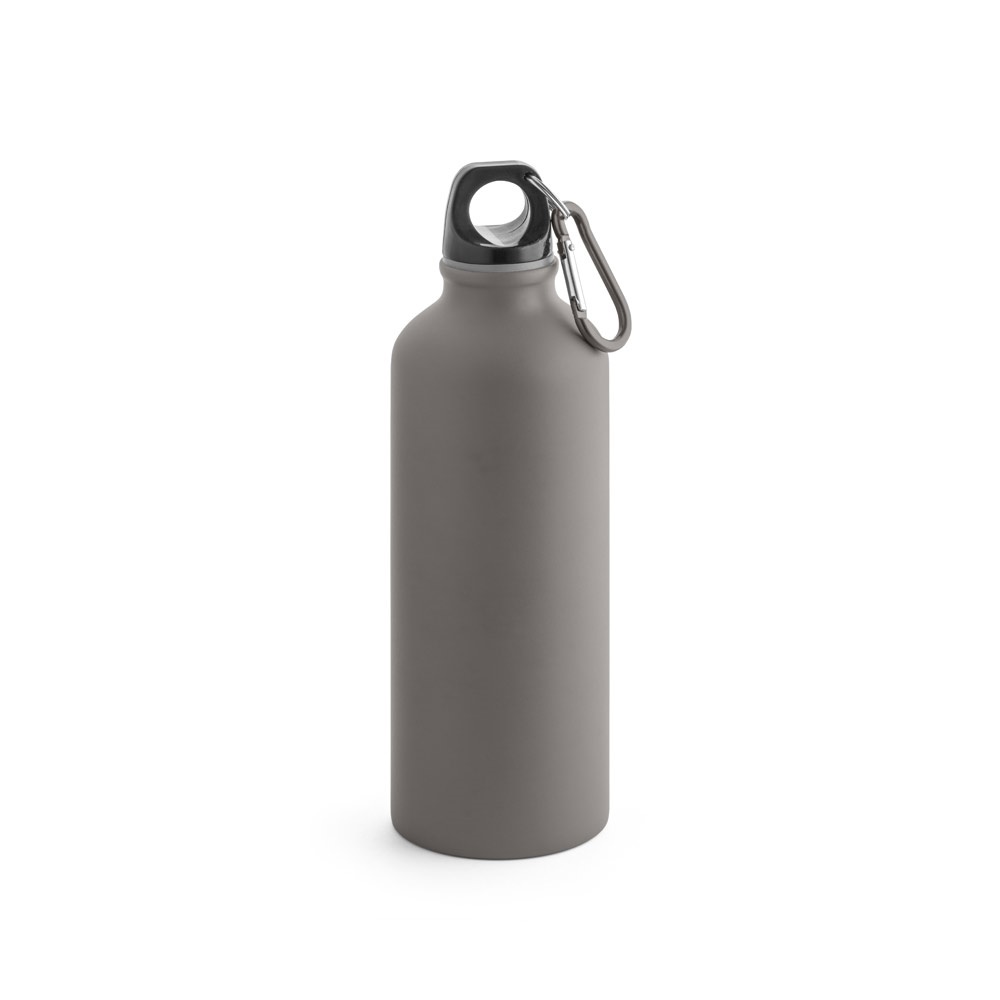 Squeeze em alumínio com acabamento mate (540 ml) e mosquetão personalizado com a logo da empresa, na cor cinza escuro