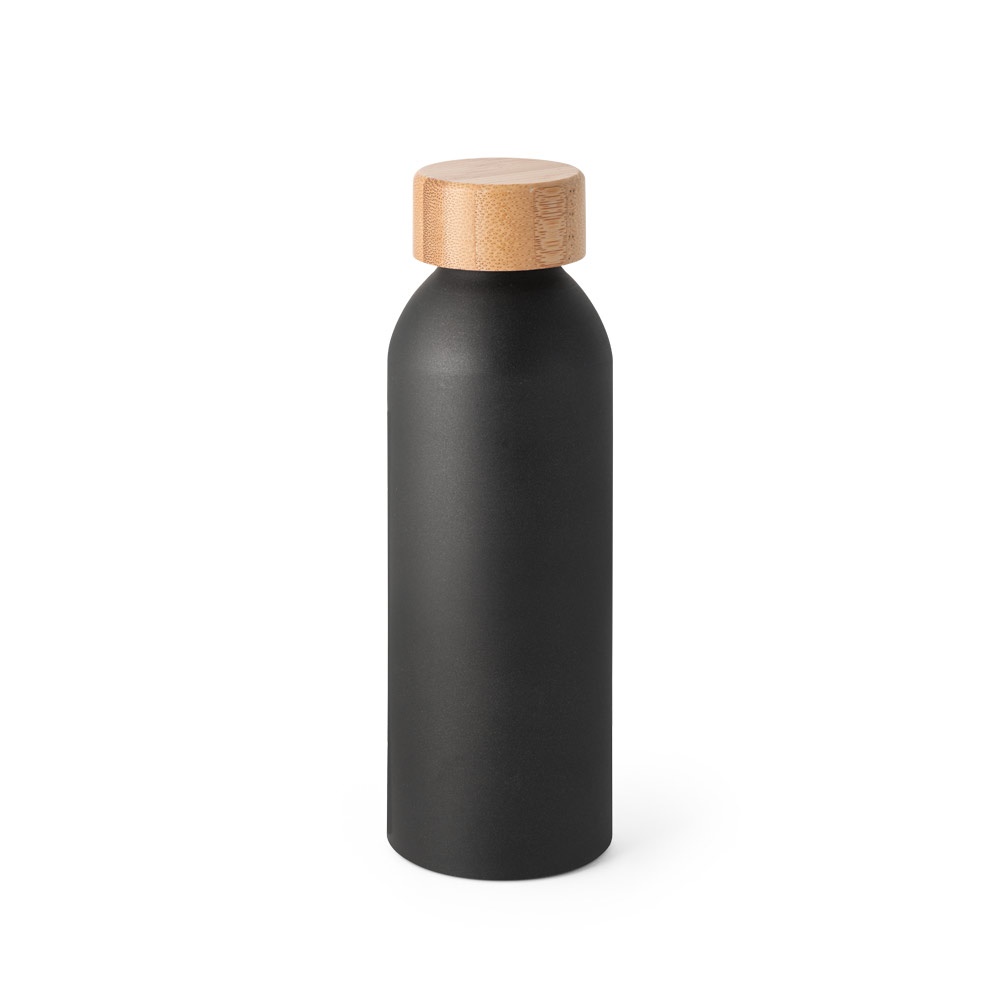 Squeeze em alumínio com acabamento mate (550 ml) e tampa de bambu personalizado com a logo da empresa, na cor preto
