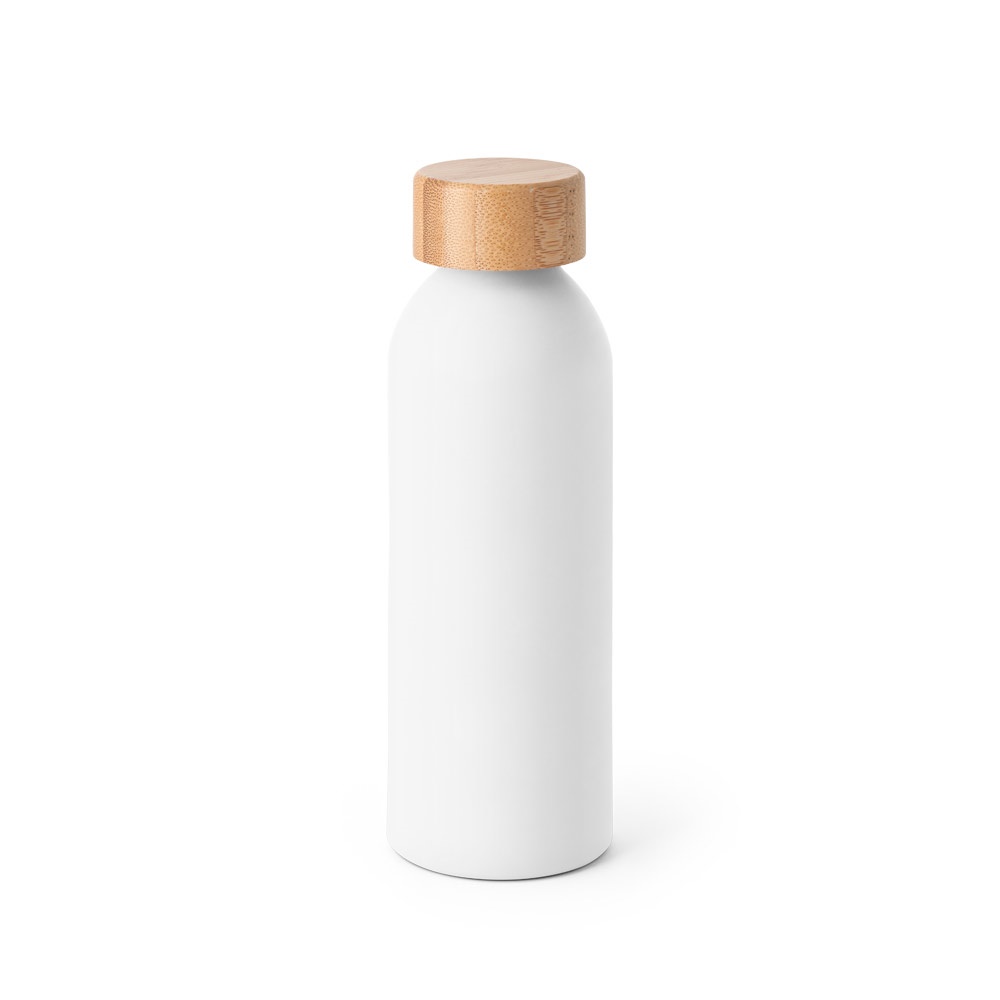 Squeeze em alumínio com acabamento mate (550 ml) e tampa de bambu na cor Branco, personalizado com a logo da empresa