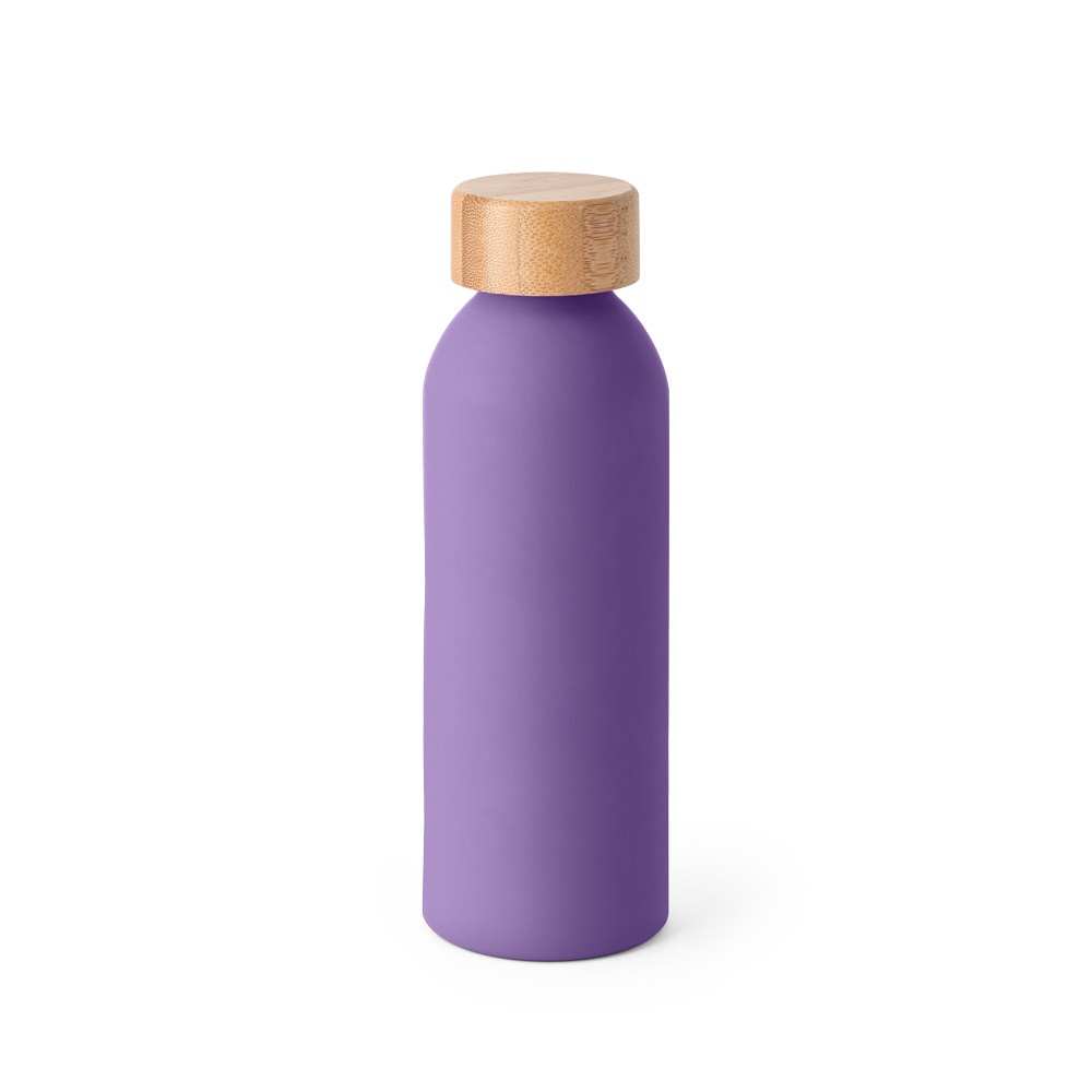Squeeze em alumínio com acabamento emborrachado (550 ml) personalizado com a logo da empresa, na cor roxo