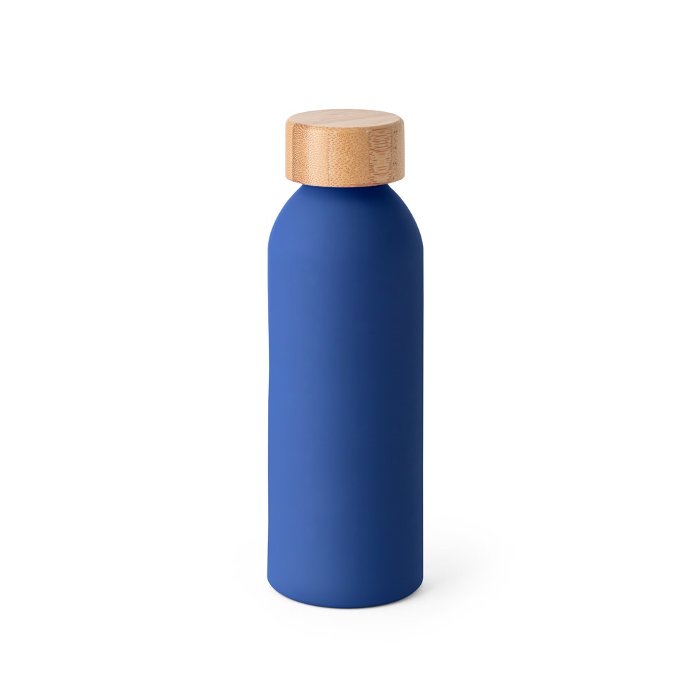 Squeeze em alumínio com acabamento emborrachado (550 ml) na cor Azul marinho, personalizado com a logo da empresa