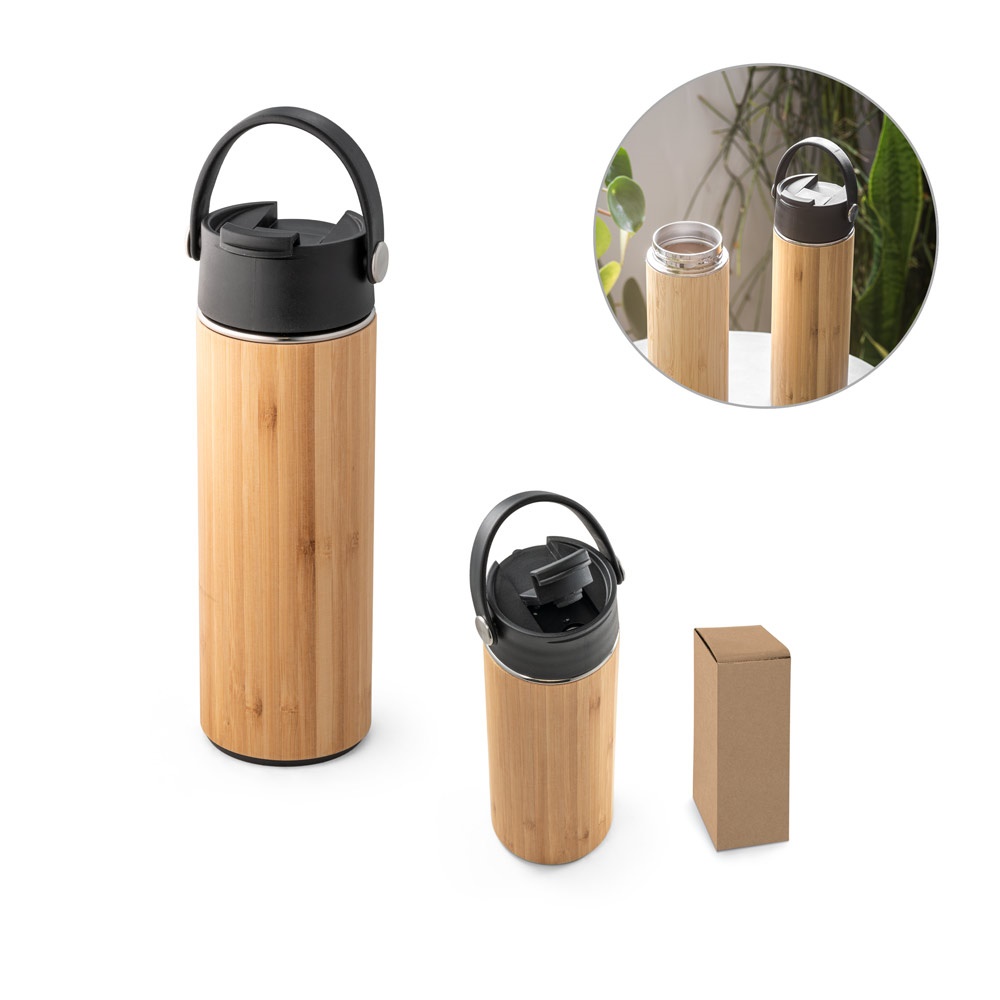Garrafa térmica em aço inox e bambu 440 ml com tampa flip e alça personalizada com a logo da empresa